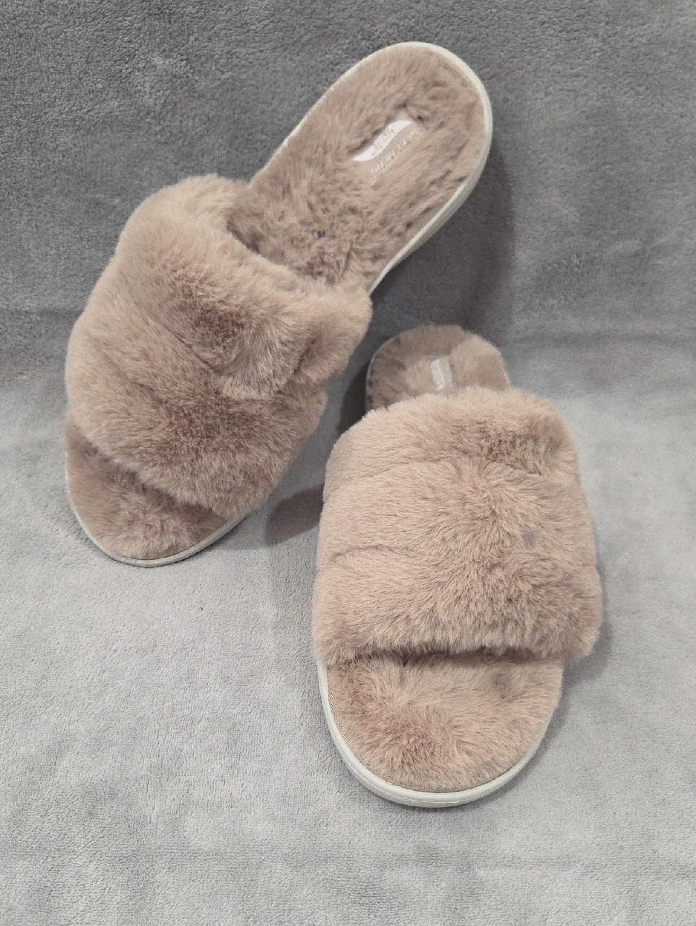 Skechers Arch Fit Plush Faux Fur Slide Slippers - Taupe
